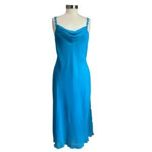 VTG Delicates Ocean Blue Double Layered Cowl Neck Lace Flower Straps Slip Sz M